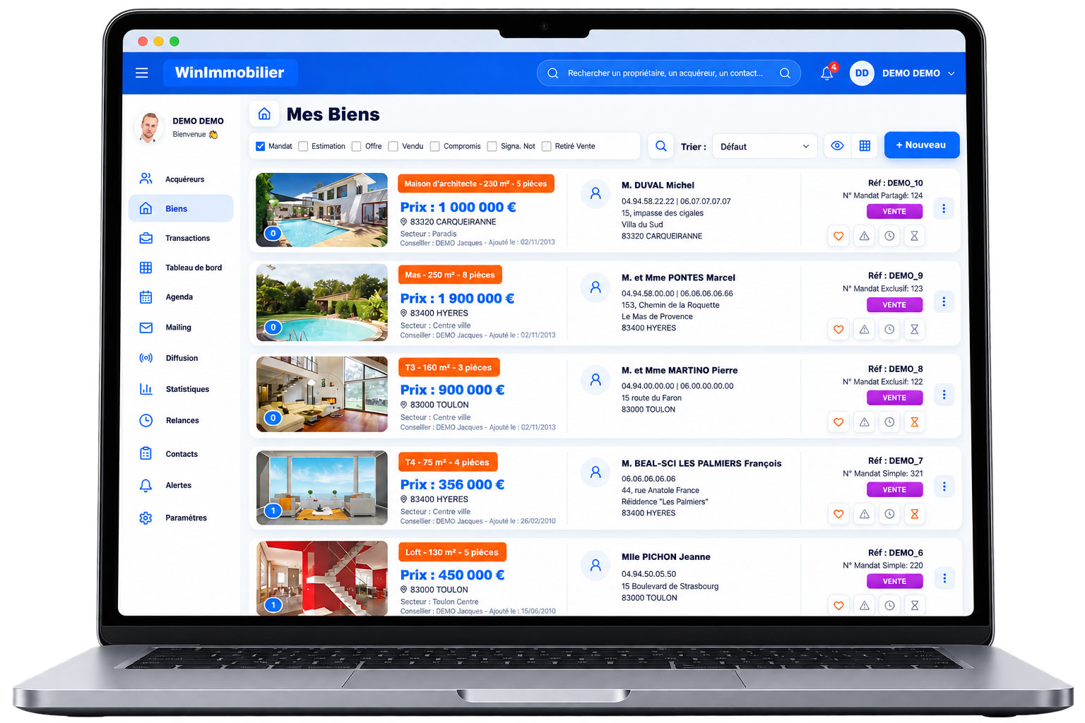 Logiciel immobilier transaction WinImmobilier — écran d'accueil